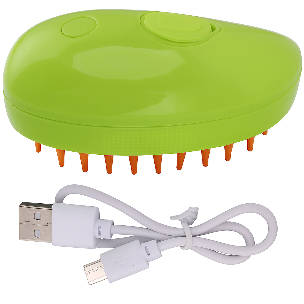 Cepillo Vaporizador 3 en 1 para Mascotas | Limpia, Cepilla y Masajea – Recargable y Suave con la Piel